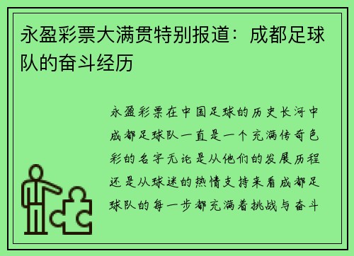 永盈彩票大满贯特别报道：成都足球队的奋斗经历