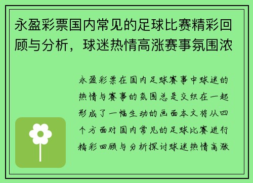 永盈彩票国内常见的足球比赛精彩回顾与分析，球迷热情高涨赛事氛围浓厚