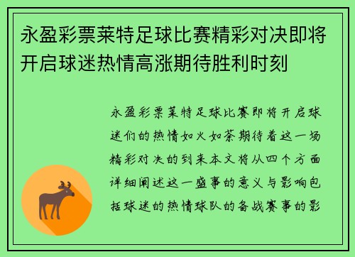 永盈彩票莱特足球比赛精彩对决即将开启球迷热情高涨期待胜利时刻
