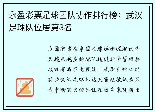 永盈彩票足球团队协作排行榜：武汉足球队位居第3名